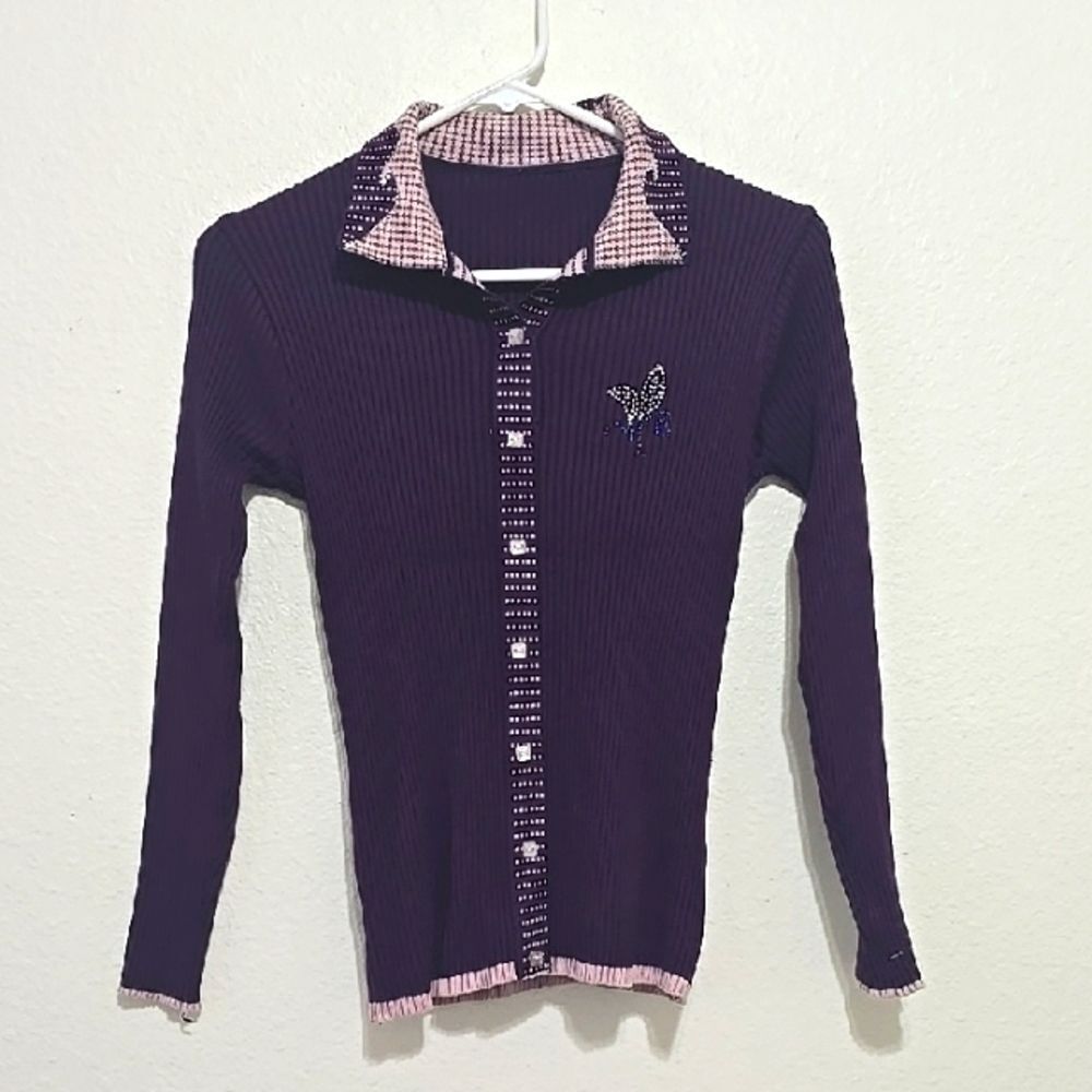 Purple Ribbed, Y2k Sweater with Butterfly Detail S